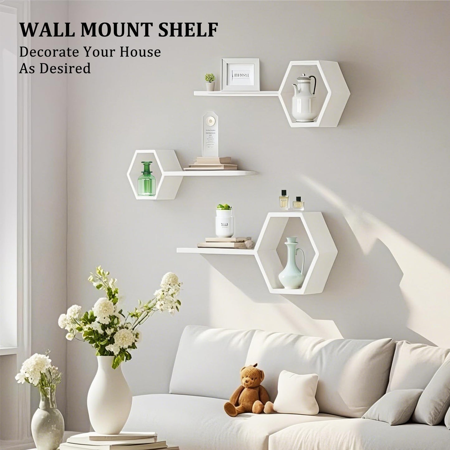 ZGZD Set of 3 White Wooden Hexagon Wall Shelves - Modern Decorative Storage for Home, Kitchen, Office Stylish Floating Shelves for Small Plants, Books, and Decor