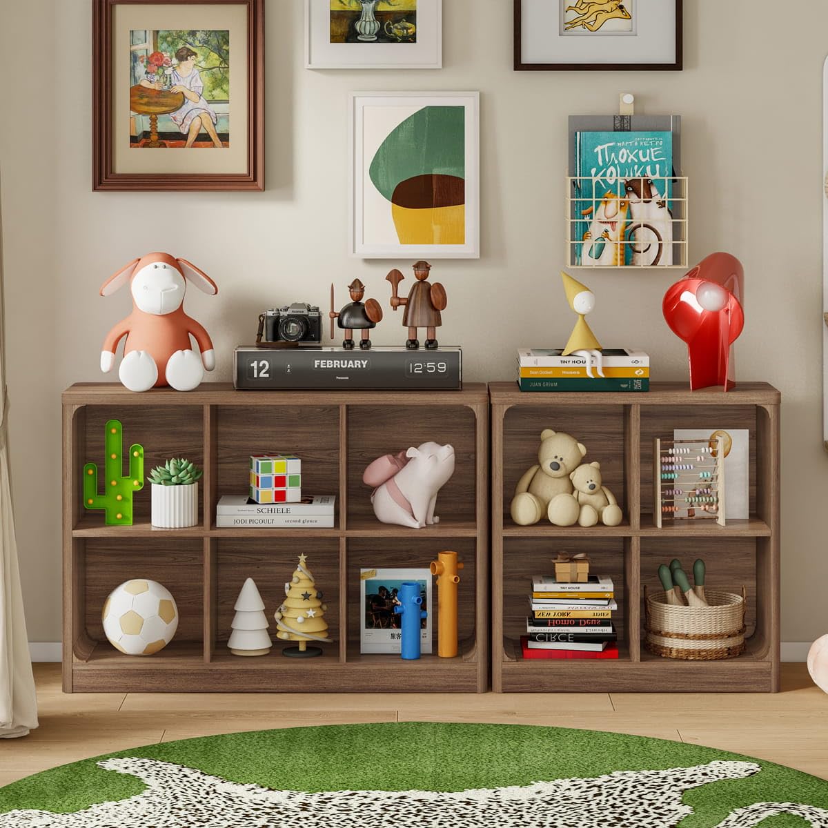 FATORRI 6 Cube Storage Bookcase, Rustic Wood Horizontal Bookshelf with Rounded Corners, Low Cube Organizer Shelf for Living Room, Bedroom, Office (Walnut, 43 Inch)