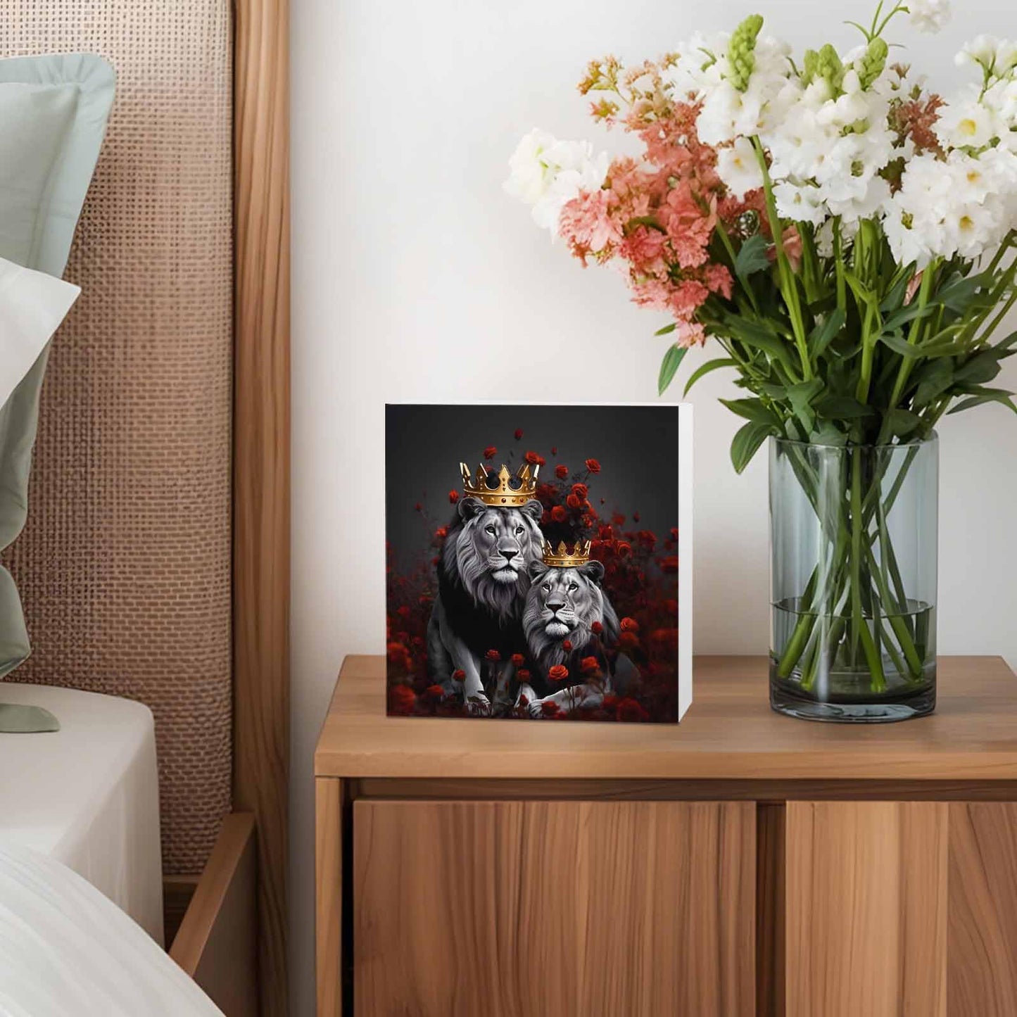 Wood Box Sign Desk Decor Lions King Red Rose Flower Square Boxes Sign, Crowns Black Animal Art Wooden Block Box Sign Decoration for Home Wall Tabletop Shelf Office Decor,6x6IN