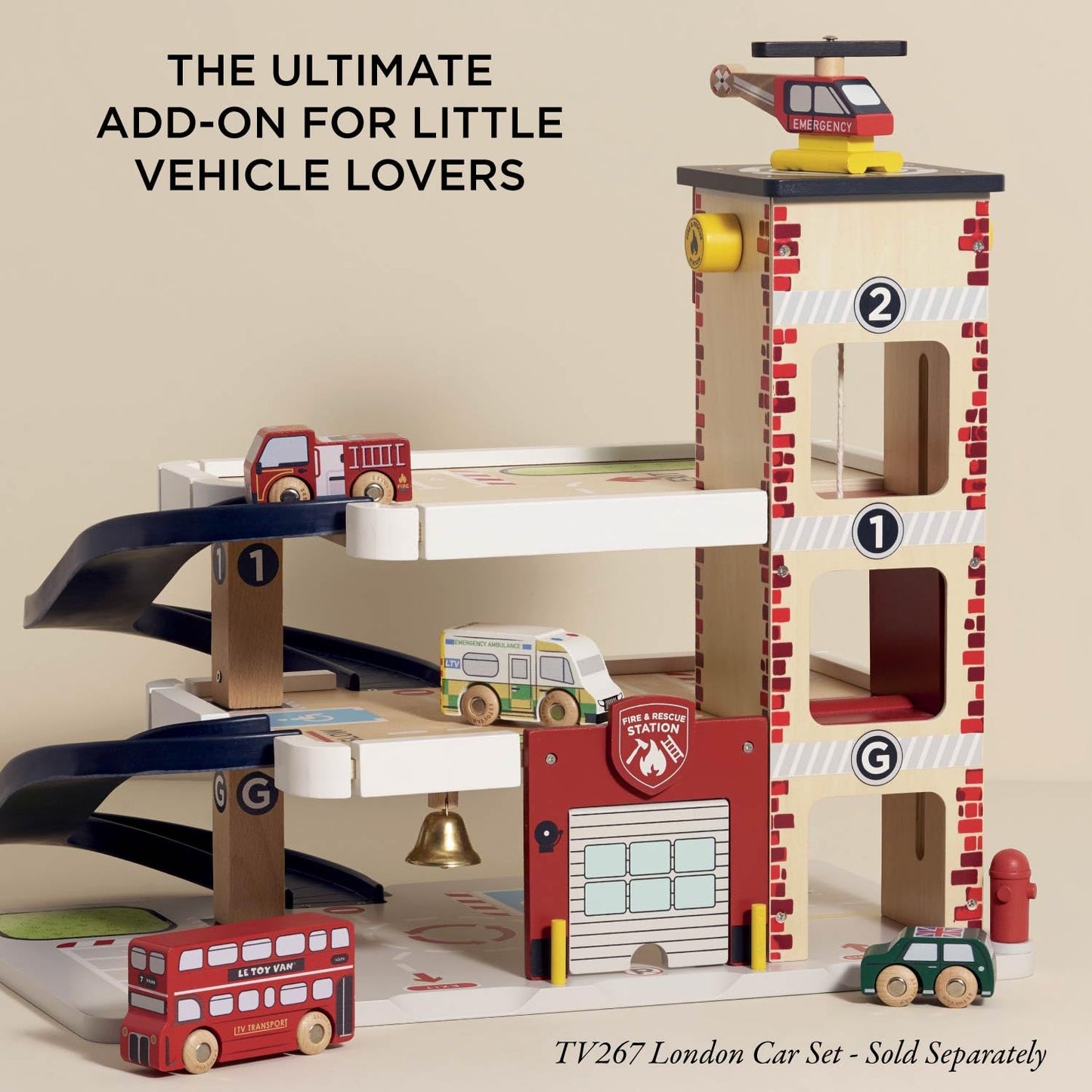 Le Toy Van Wooden 3 Storey Fire & Rescue Garage Toy Car Play Set, Vehicle Role Play Toys, Suitable for 36+ Months, TV453