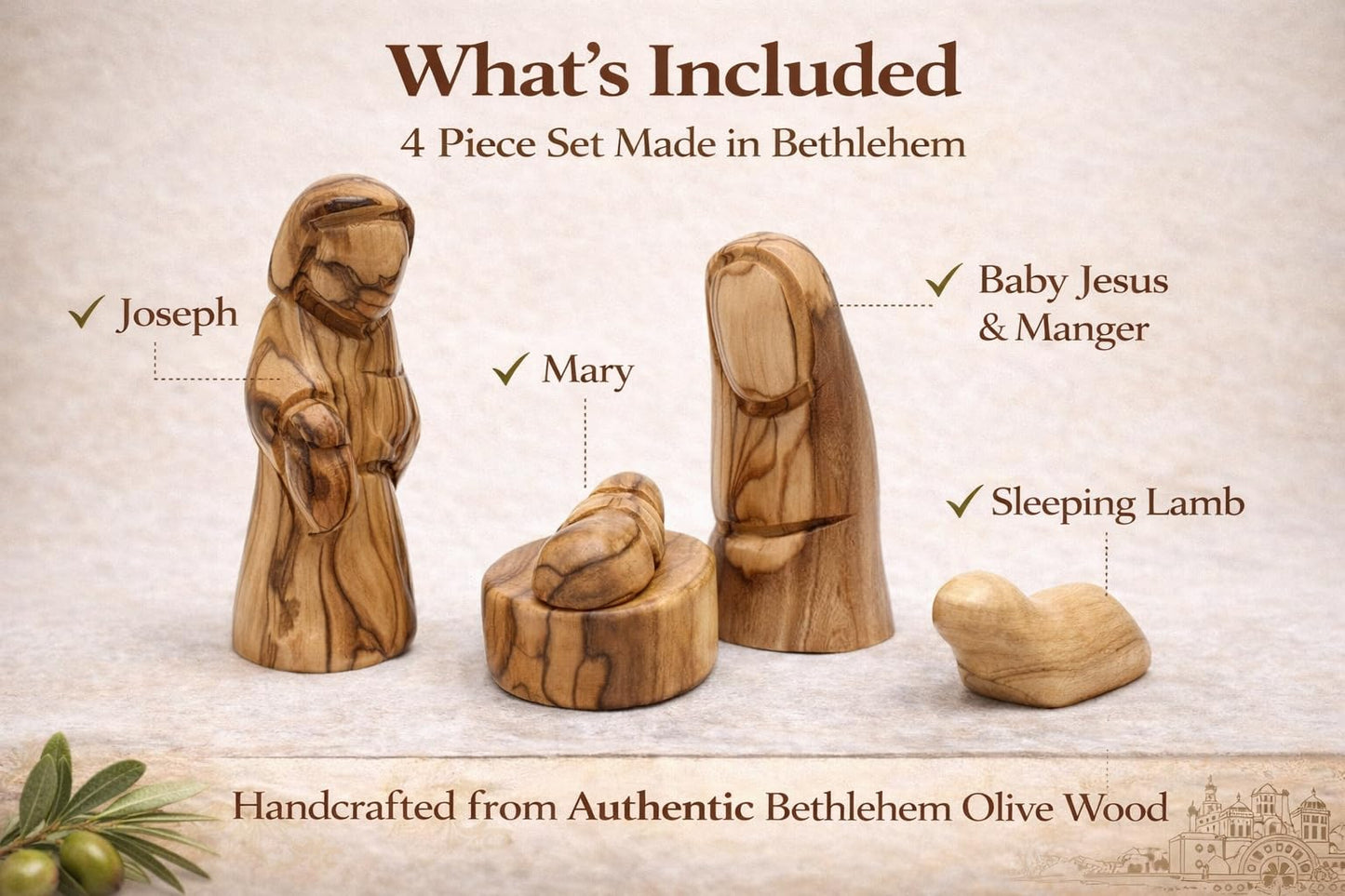 Zuluf Small Olive Wood Holy Family Figurines – Hand-Carved Nativity Set Scene with Joseph, Mary & Baby Jesus – Wooden Christmas Tree Decor for Catholic Indoor Display – HOF035