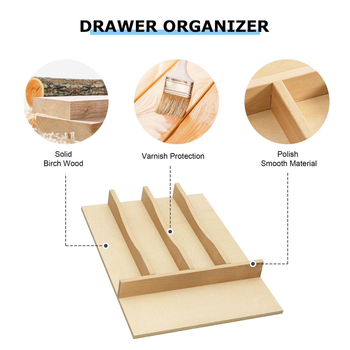 WelFurGeer Solid Birch Wood Silverware Drawer Organizer, Wooden Cutlery Drawer Organizer, Utensil Tray for Kitchen Drawers, Kitchen Utensil Organizer for Silverware, Flatware, Spoons, Forks, Knives
