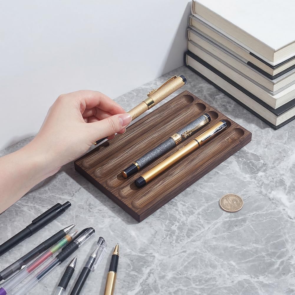 NBEADS 5-Slot Wood Pen Holder, Wood Desk Pen Stand Pen Tray Office Accessory for School,Home,Office Desktop Art Accessories, 4.33x7.09x0.55 Inch