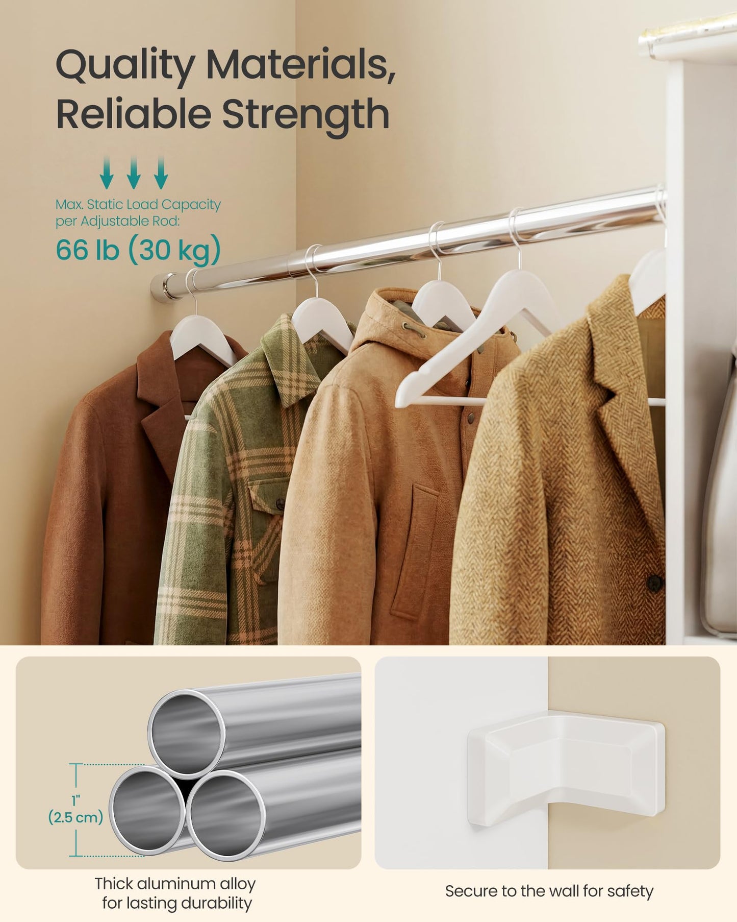 SONGMICS CUSTOS Collection - Closet System, Customizable Walk-In Closet Organizer System with Adjustable Hanging Rods and Drawers, White, Fits Spaces 6.5-10.2 ft URGR043WZ01S