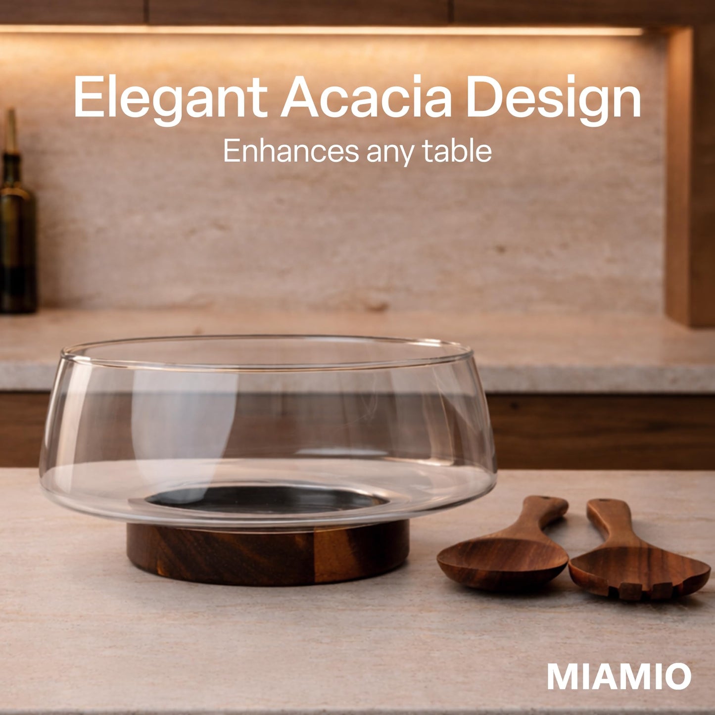 MIAMIO - Glass Salad Bowl Set with Wood Base (120 Oz), Large Salad Bowl with Serving Utensils/Glass Fruit Bowl/Trifle Dish/Large Glass Serving Bowl with Acacia Wooden Stand