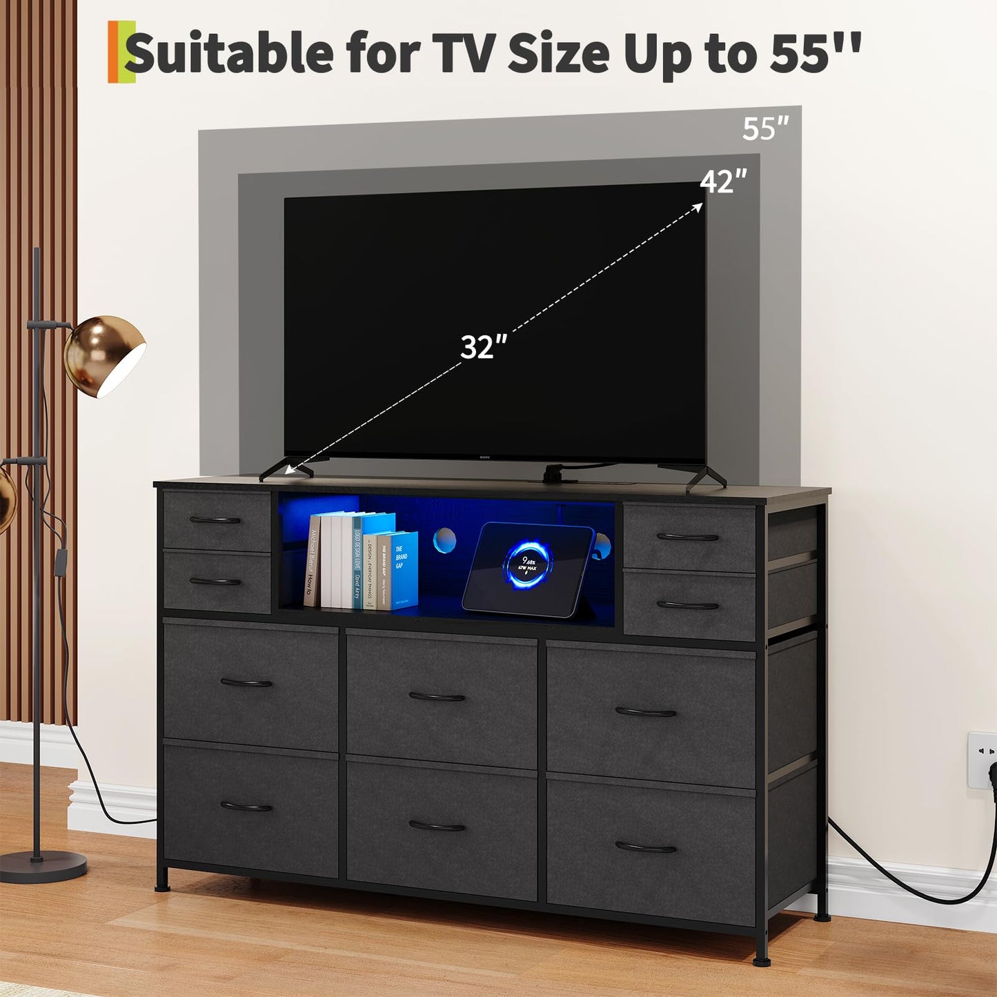 GarveeHome Dresser for Bedroom with 10 Fabric Drawers, TV Stand with LED Light & Charging Station for 45, 50, 55 Inch TV, Sturdy Long Chest of Drawers with Open Shelf & Wooden Top, Grey
