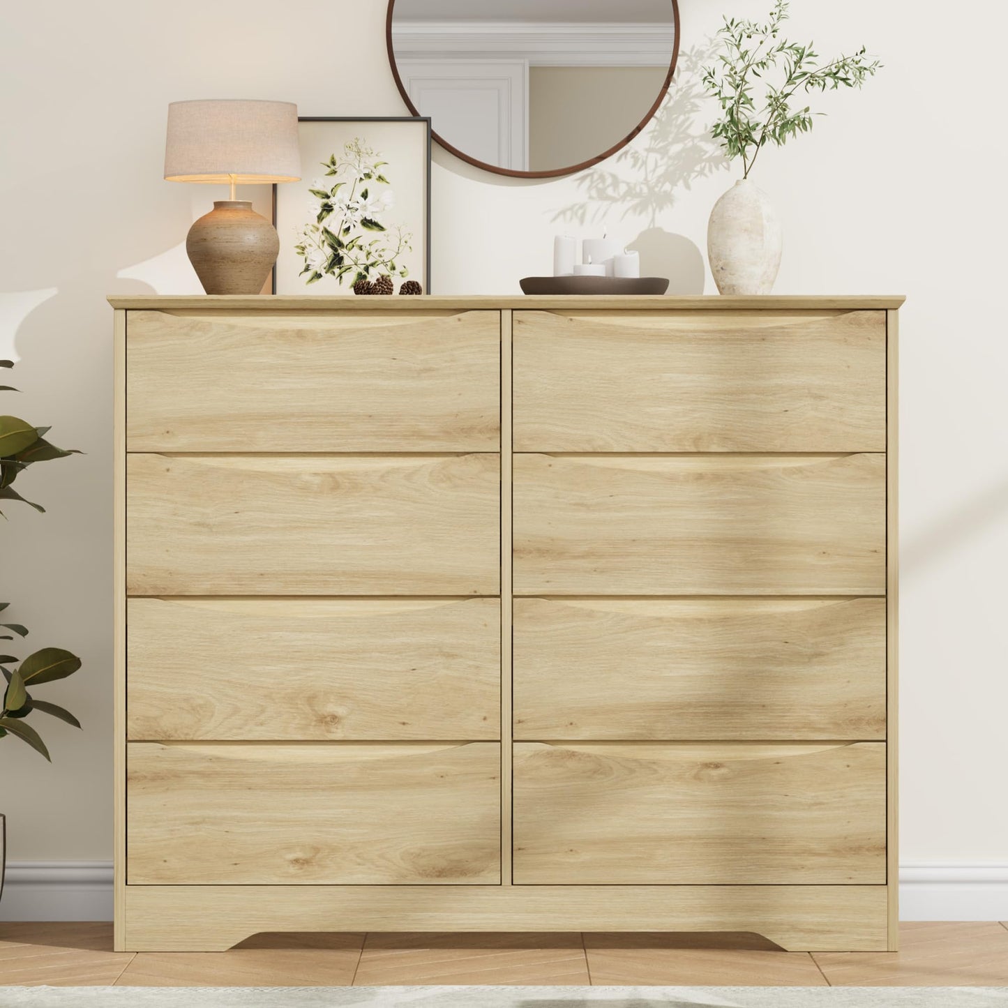 Garvee Wooden Dresser with 8 Drawers, Tall Modern Closet with Deep Storage, Large Chest of Drawers with Wide Top, Long Storage Dresser for Bedroom, Living Room, Hallway, Kids Room, Natural