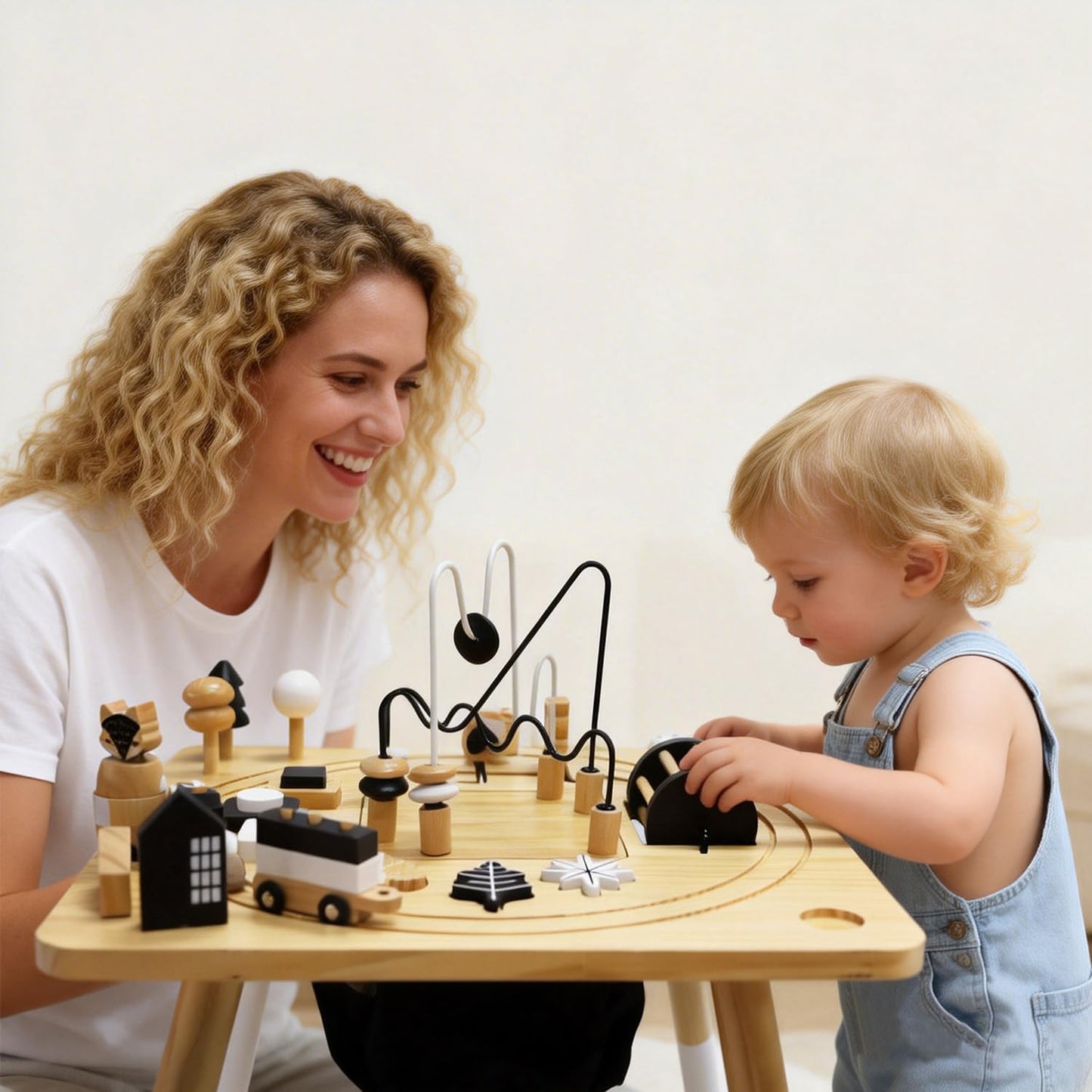 IDEA FAMILY Wooden Montessori Activity Table for Toddlers 1-3, Kids Play Sensory Toy Table, Activity Center with Bead Maze, Shape Sorter, Train Track, Educational Learning Toys for Girls Boys