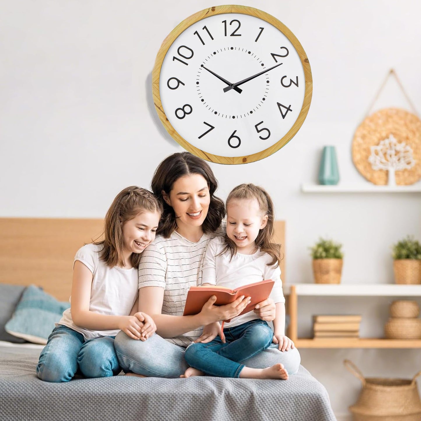 INTERHOMART Farmhouse Silent 16" Wall Clock Battery Operate,Wooden Non Ticking Sweep Movement, Large Farmhouse Wall Clock for Kitchen, Bedroom, Home Office, Living Room Decor, Arabic Numerals