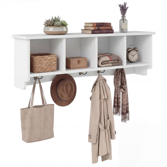 Giantex Wall Mounted Coat Rack, 28.5'' Wooden Floating Shelf with 4 Cubbies & 5 Double Hooks, Modern Space-Saving Storage Display Organizer for Entryway, Hallway, Mudroom (White)