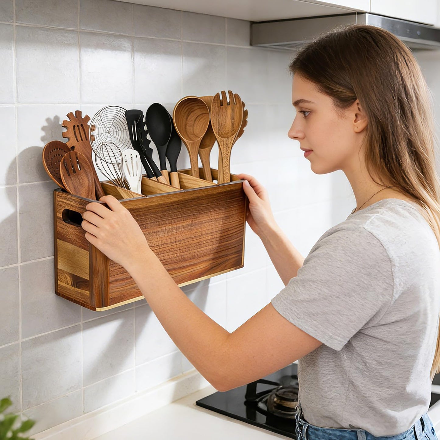 VLXXOI Large 4-Compartment Acacia Wooden Utensil Holder, Rustic Kitchen Counter Organizer, Extra Large Wood Storage Container for Cooking Utensils and Silverware