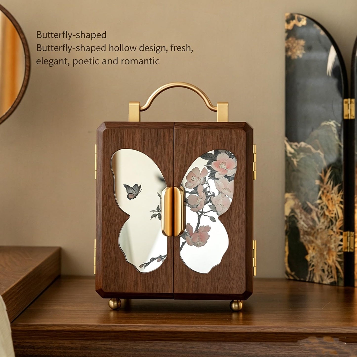 GuaziV Butterfly Jewelry Box for Women, Black Walnut Wood Veneer Jewelry Organizer 4-Layer Jewelry Storage Case with Ring Slots, Necklace Hooks & Watch Pillows for Vanity Dresser