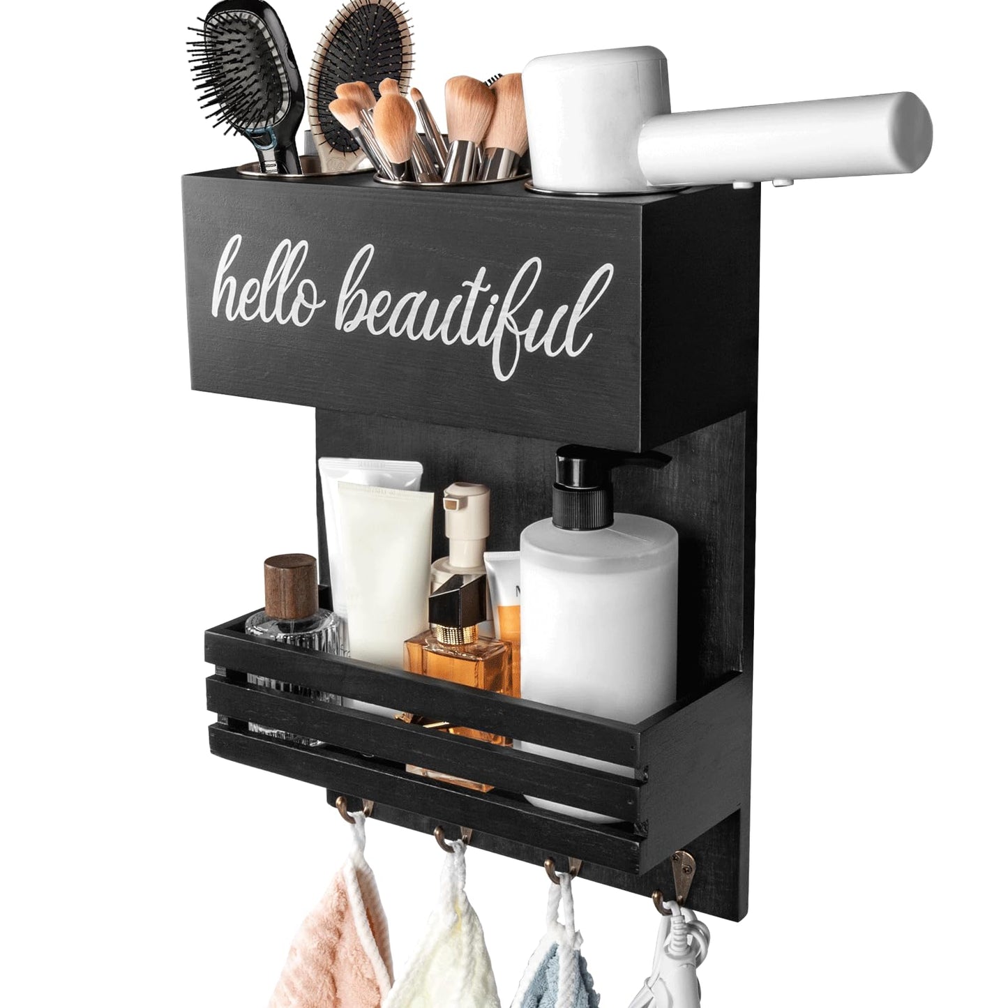 Cokritsm Wooden Hair Dryer Holder Wall-Mounted - 2 Tier Bathroom Storage Shelf Cosmetic & Hairdressing Tools Organizer for Bathroom Countertop/Vanity (Black)