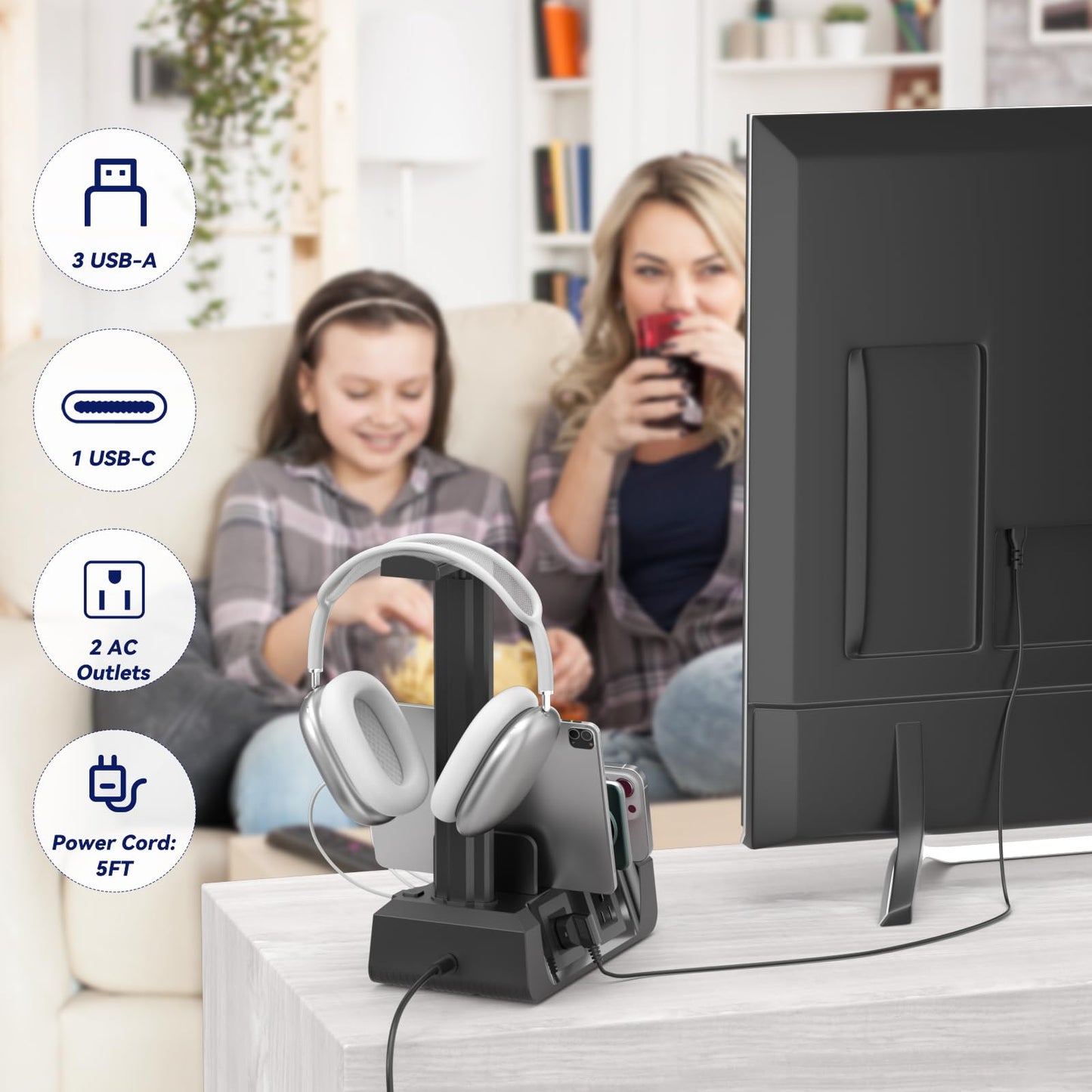 KDD Charging Station with 6 Charging Cables - Fast Charging 6 in 1 Cellphone Charging Dock with Headphone Stand and Watch Holder - 2 AC&USB A&USB C, Storage Station for Smartphone,Tablets, AppleWatch