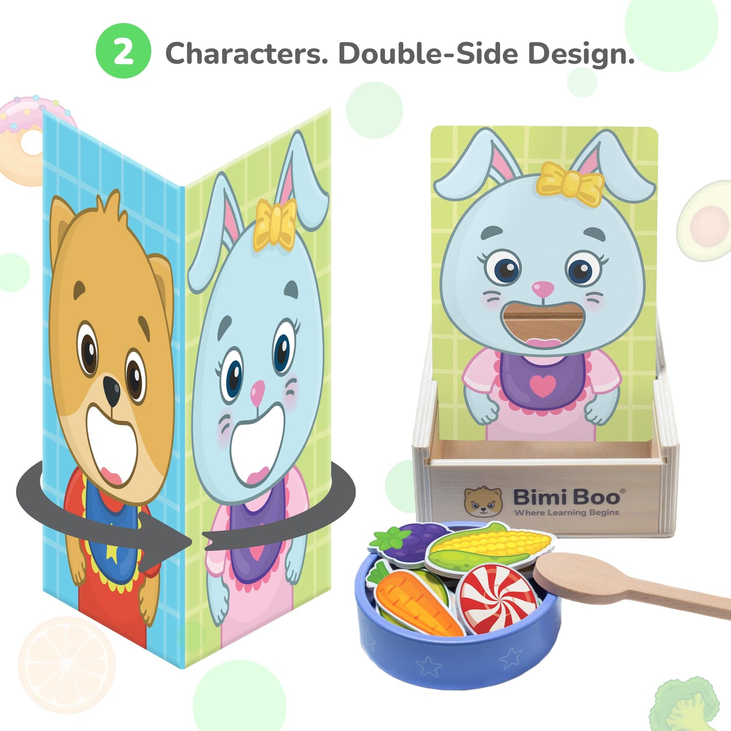 Bimi Boo Wooden Feeding Toy - Montessori Scooping & Fine Motor Toy for Toddlers 1-4 | Speech Therapy & Occupational Therapy Pretend Play Food Set | 27 Foods, Spoon & Bowl