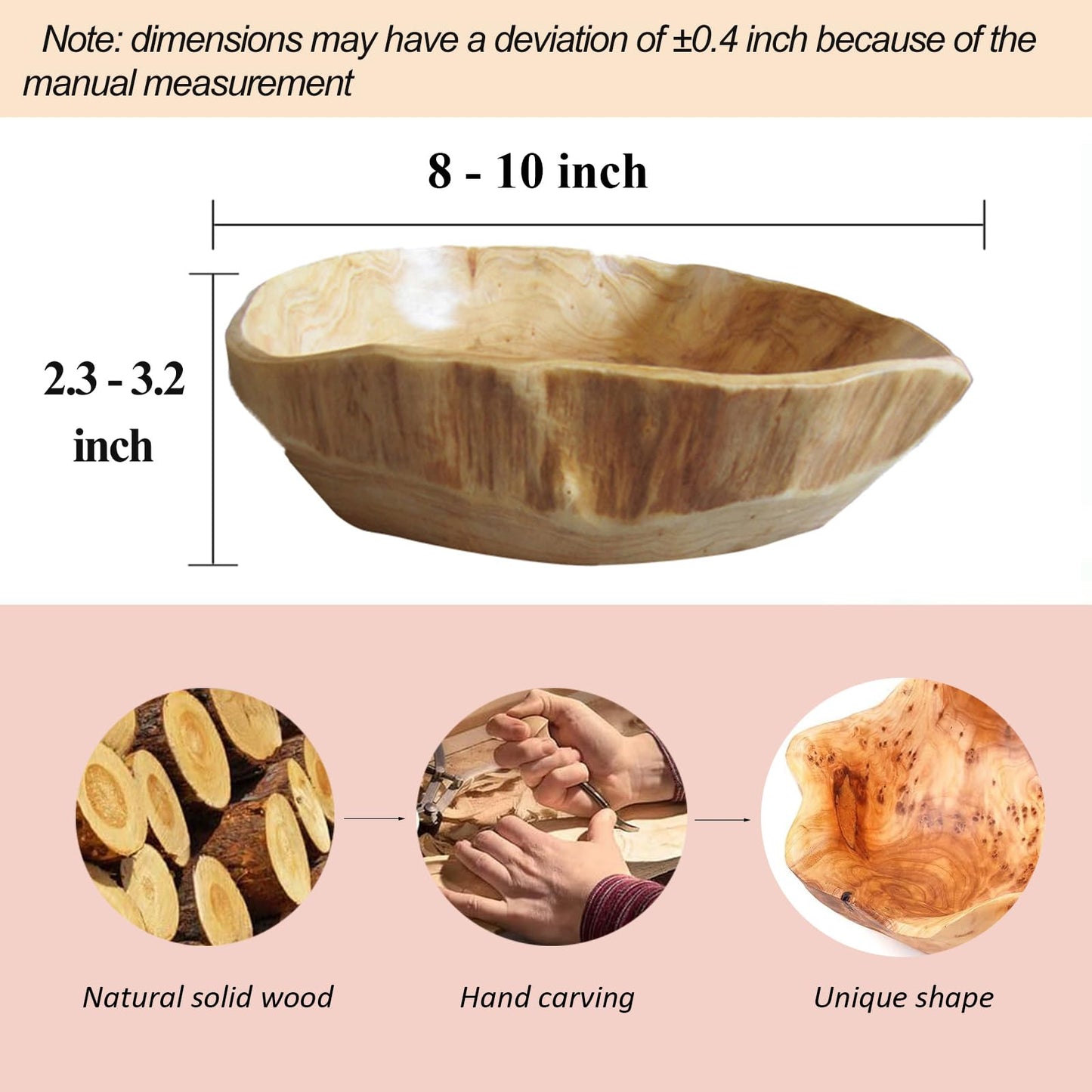 MIATTCLD Wooden Bowl Decorative Natural Wood Fruit Bowl, Irregular Creative Wood Bowls, Rustic Hand Carved Candy Snack Keys Serving Bowls for Home Decor(8"-10" Diameter)