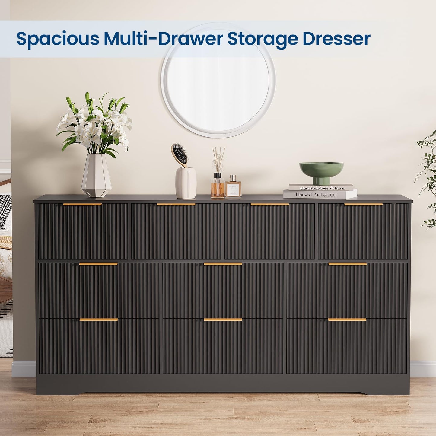 Patikuin 59" Fluted 10 Drawer TV Stand, Wooden Dresser TV Stand with Organizer Storage for Living Room, Bedroom, Office, Black