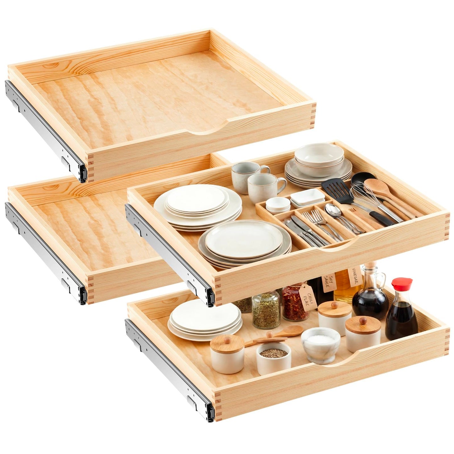 Sintuff 4 Pack Wooden Pull out Tray Cabinet Organizer Gentle Close Roll out Shelves for Kitchen Cabinets Fully Assembled Slide Pantry Shelves (26'' X 21'')