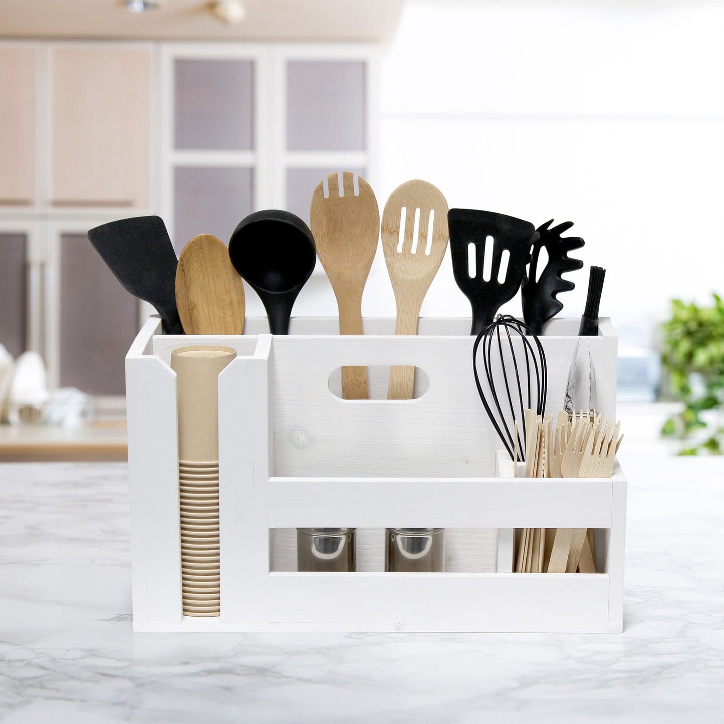 Elegant Designs HG2033-WHT Pantry Picks Farmhouse Wooden Flatware & Utensils Caddy Condiment Organizer w Cutout Handle & Compartments for Kitchen Décor Countertop Breakfast BBQ Events Picnic, Wht Wash