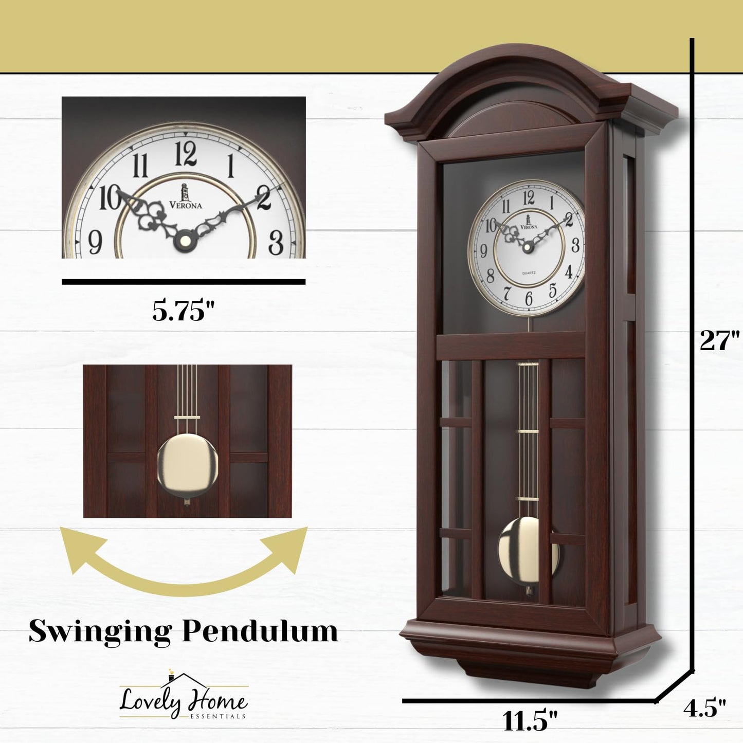 Pendulum Wall Clock - 27 inch Wooden Hanging Grandfather Wall Clock with Pendulum - Real Wood, Quiet, Non-Chiming & Battery Operated for Living Room Decor, Office & Home Décor Gift