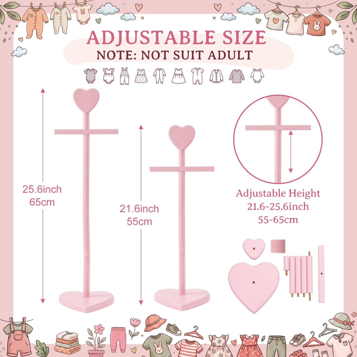 Fuutreo 2 Packs Baby Clothes Display Stands Heart-Topped Baby Shower Centerpiece Babies Clothes Rack with Bow Wooden Adjustable Outfit Hangers Display for Layette Dress, Hand Assembled (Pink)