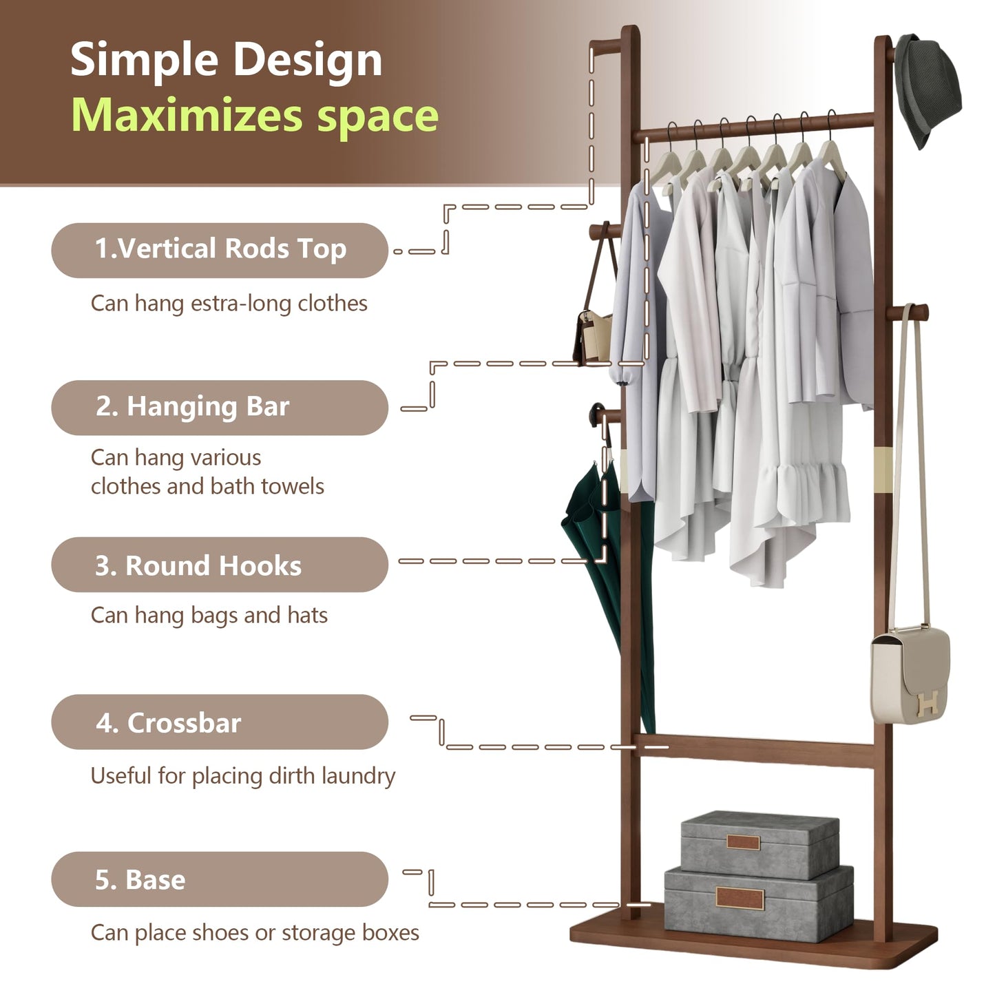 Fmlud Solid Wood Coat Rack, Freestanding Clothes Racks with Shelf, Entryway Coat Rack for Hanging Clothes, Wooden Clothing Rack for Corner, Living Room, Bedroom, Hotel