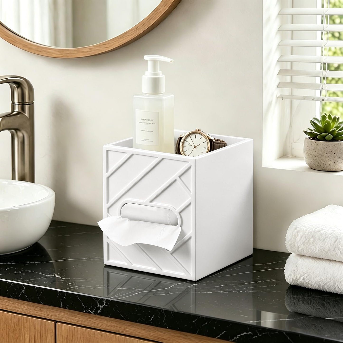 Militwo Aesthetic Tissue Box Cover with Top Tray, Modern Cube Wooden Facial Tissue Holder, Etched Geometric Design Napkin Dispenser for Bathroom, Nightstand, Vanity, Home Theatre