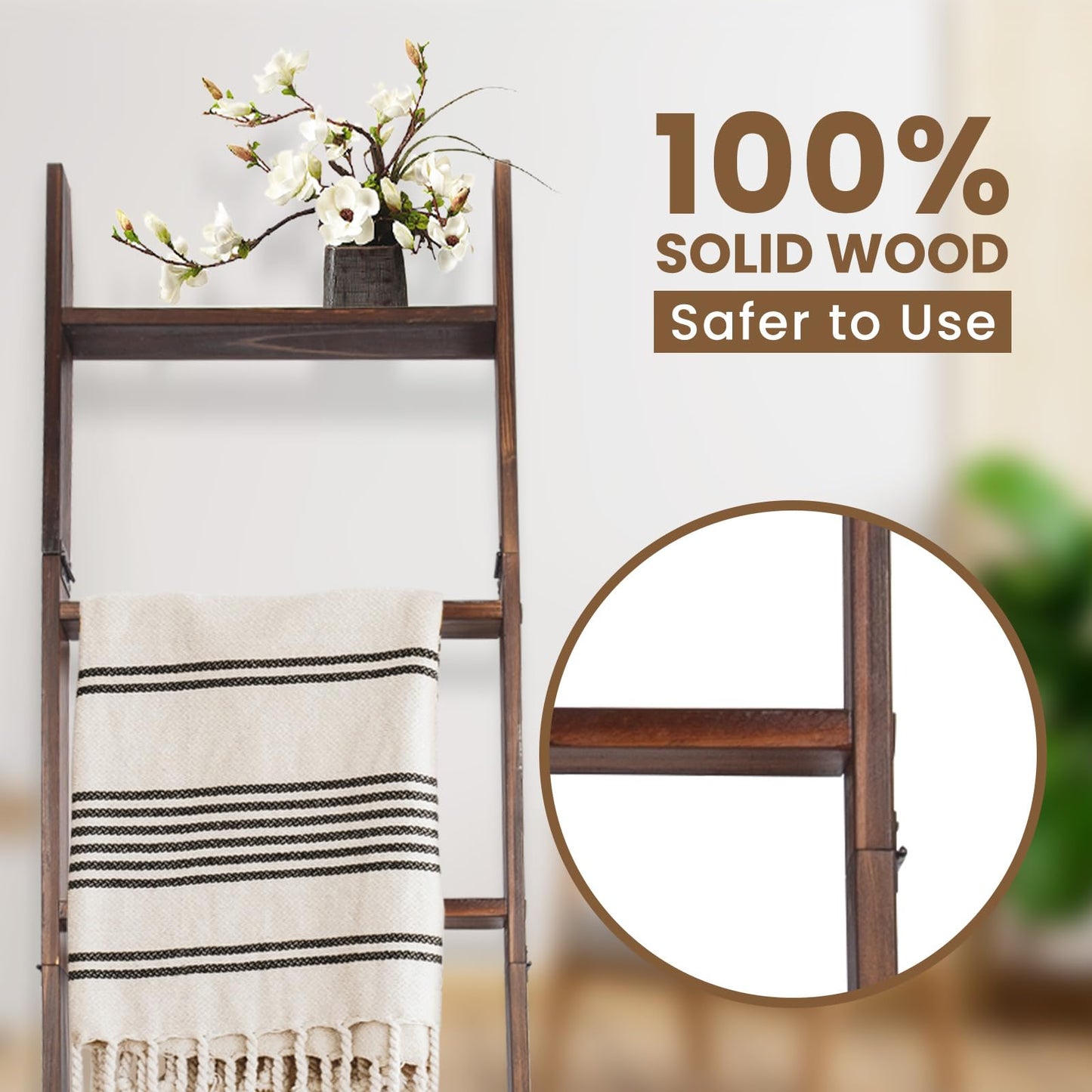 HYBDAMAI Blanket Ladder, 5-Tier Wooden Quilt Stand, Decorative Ladder Shelf, Leaning Shelf, Wall Leaning Blanket Ladder Towel Storage Rack for Living Room (Brown)