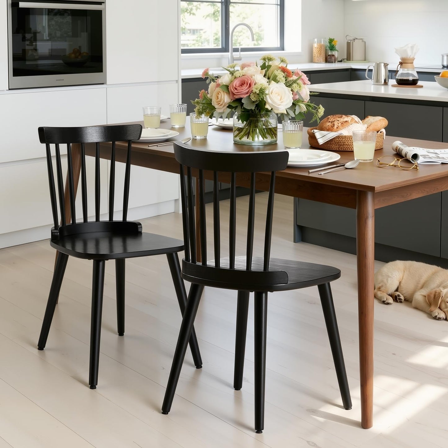WOOW DEPOT Black Dining Chairs Set of 2, Farmhouse Windsor Spindle Back
