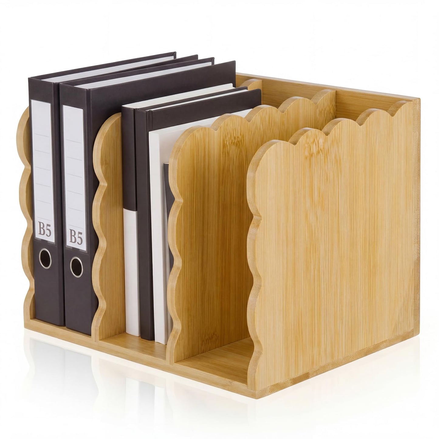 Novabright Scalloped Bamboo File Magazine Holder Desk Organizer, 3 Vertical Compartments Workspace Sorters for Magazines, Binders, Notebooks, Envelopes