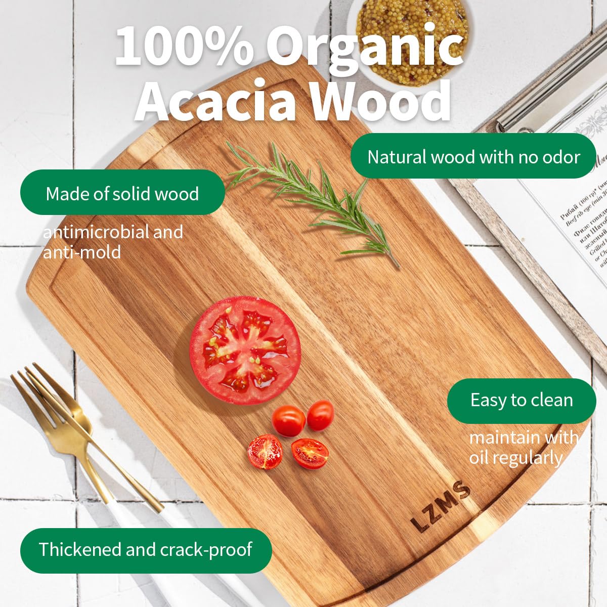 LZMS 4 Pcs Acacia 12.6" x 8.6" Solid Wooden Plate and Trays - Charcuterie Board - Multi-Purpose Use, Lightweight and Rustic Aesthetic Suited for Family, Party, Unbreakable Classic Plate