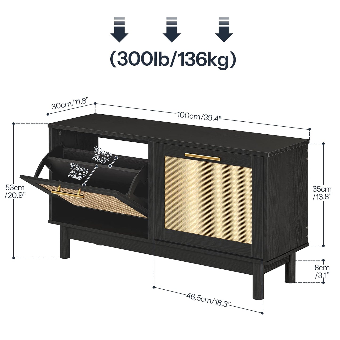 HOOBRO Rattan Shoe Storage Bench with Double Flip Drawers, Narrow Shoe Storage Organizer for Entryway, 11.8" D x 39.4" W x 20.9" H, Hidden Space Saving Wooden Shoe Cabinet for Hallway, Black BN51HX01