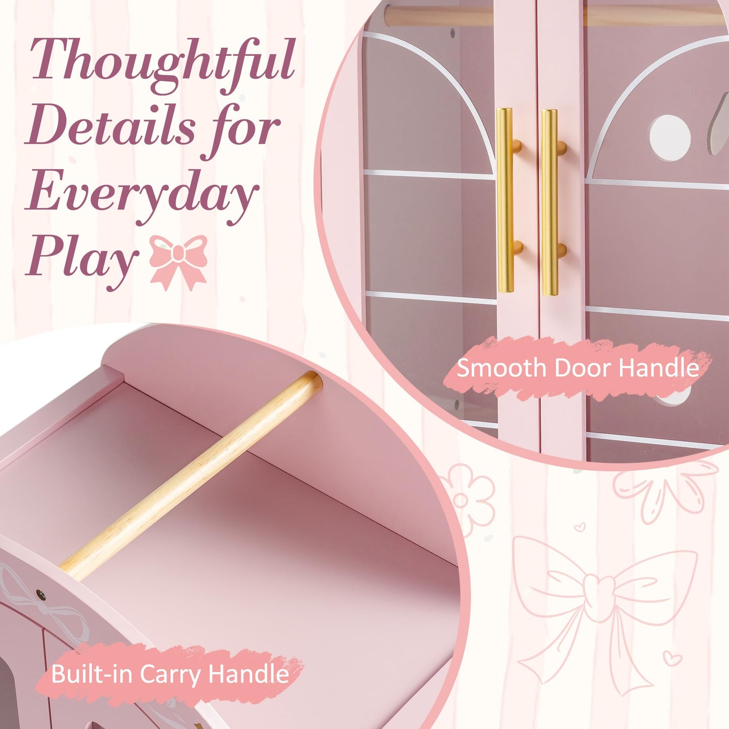 ROBOTIME 18 Inch Doll Closet, Wooden Doll Furniture Wardrobe with Mirror & Hangers, Pink Doll Clothes Storage Armoire, Doll Furniture for 18 Inch Dolls