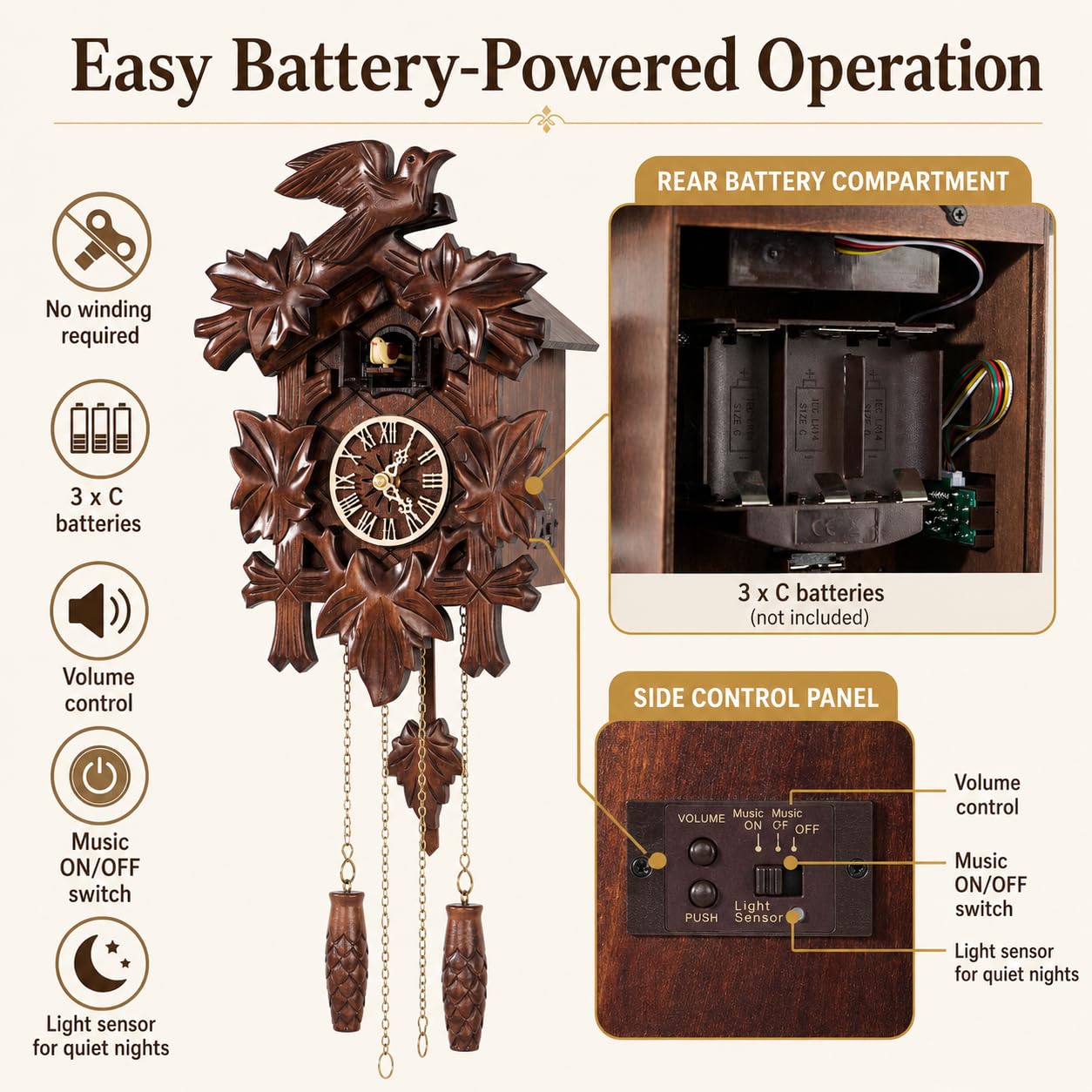 Cuckoopro Cuckoo Clock, Black Forest Style Wooden Pendulum Quartz Wall Clock, Volume Control, Night Silent, Gift Package, Professional Service