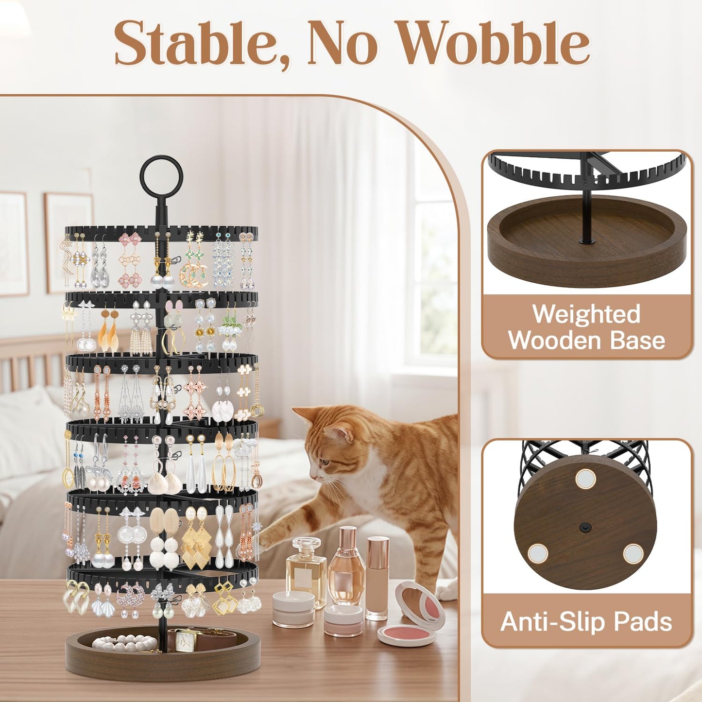 iDavosic.ly 6 Tier Rotating Earring Holder Organizer with Wooden Tray, Large Dangle Display Stands Tree with 342 Plastic Grooves, Adjustable Hoop Storage Rack, Space Saving Tower, Black & Brown