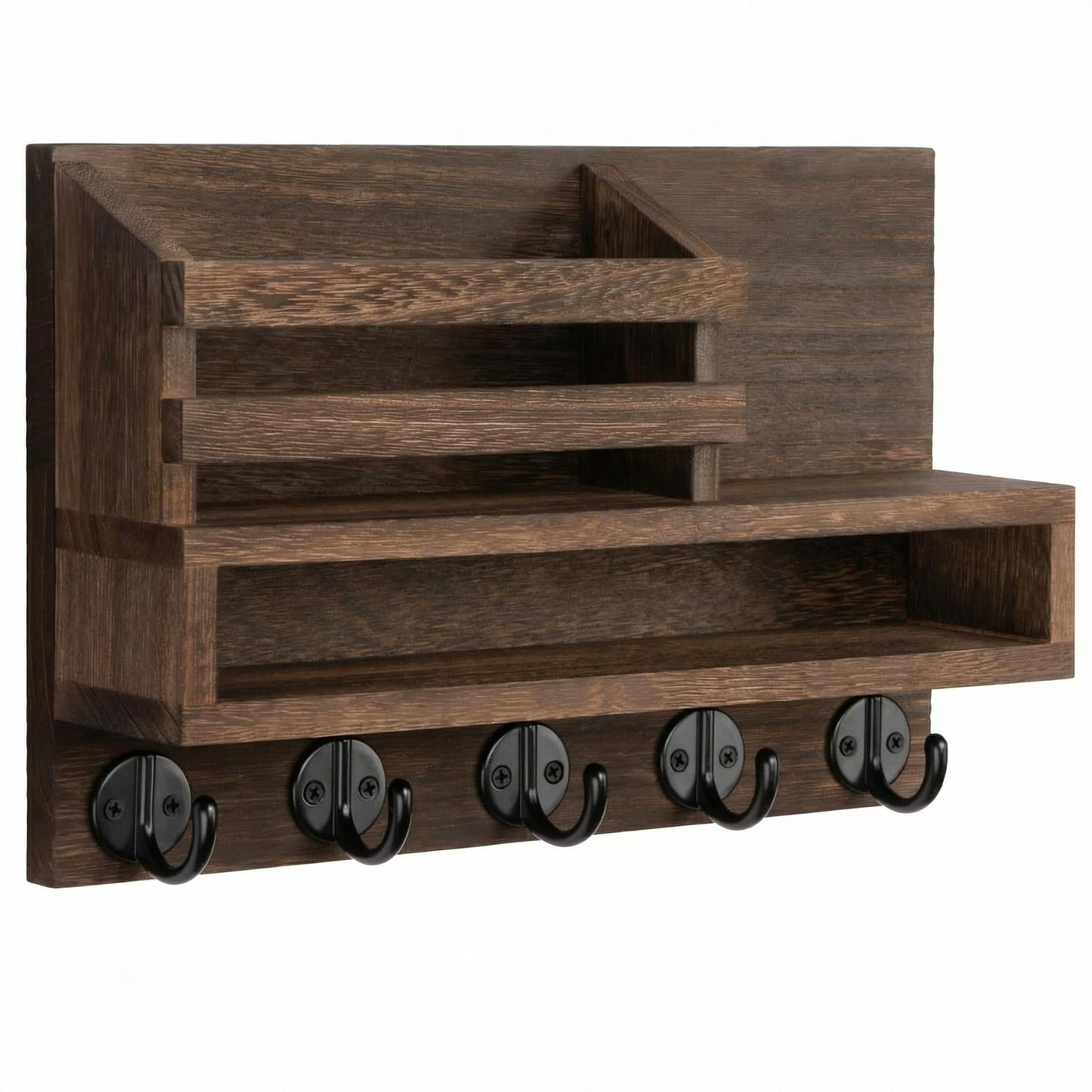 SHAXIXI Key Rack Wall Mount - Mail Organizer with 5 Key Hooks, Paulownia Wood, 11.8x7.1 Inch, Apartment Wall Decor, Includes Mounting Accessories (Brown)