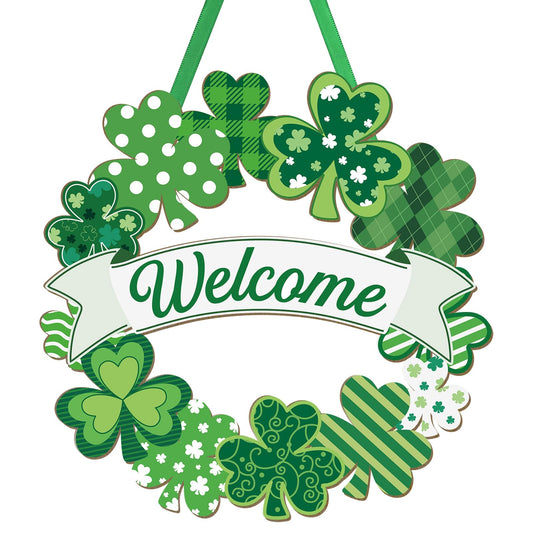 Wooden St. Patrick's Day Decoration Shamrock Door Wreath for Front Door Sign Wall Signs Shamrock Clover Spring Decoration, Irish Sign Welcome Hanging for Home Decor Party Outdoor indoor Supply