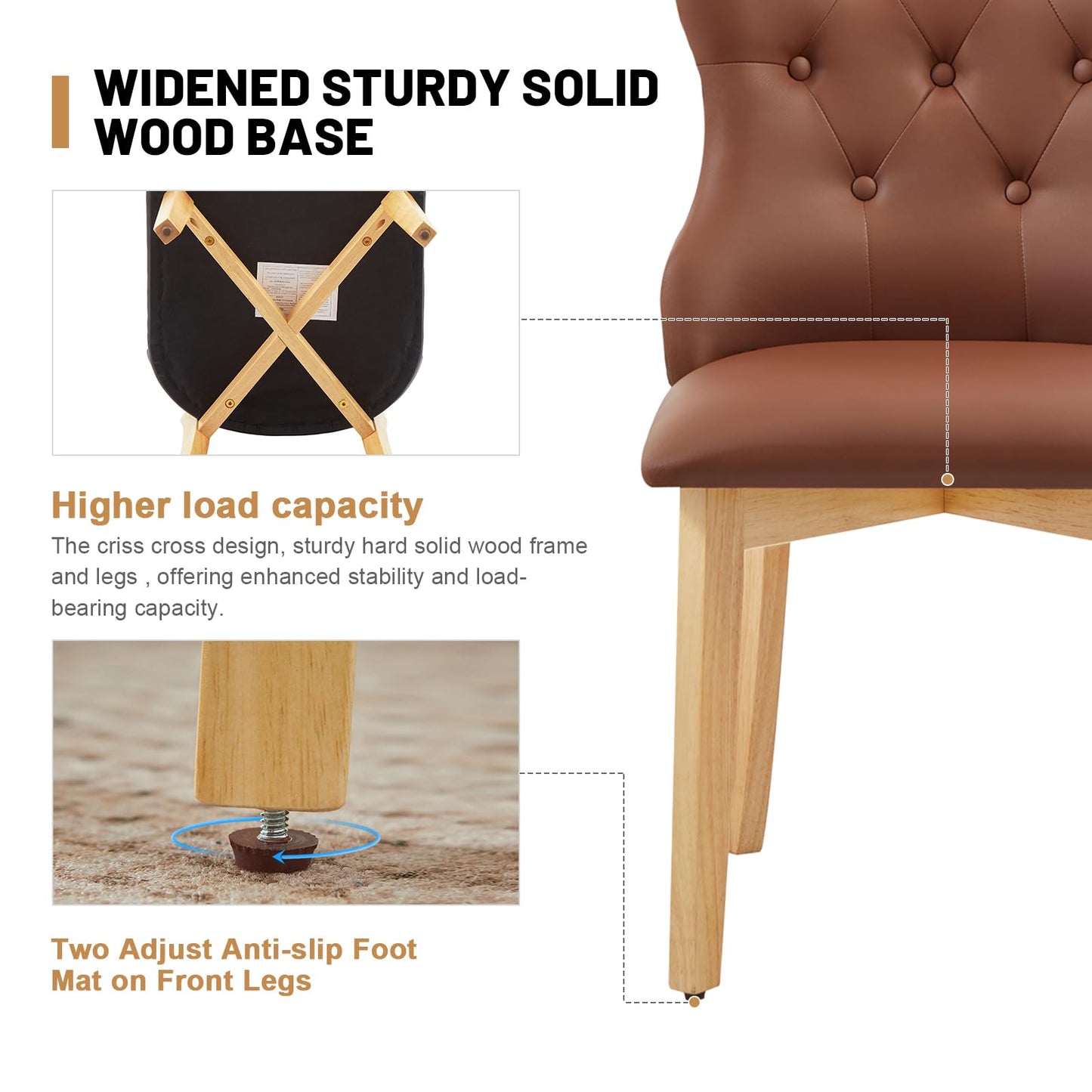Faux Leather Dining Chairs Set of 2, Upholstered Dining Room Chair with Button Tufted, Solid Wood Legs, Mid Century Modern, Luxury Wingback Side Chair for Living Room, Kitchen, Restaurant, Brown