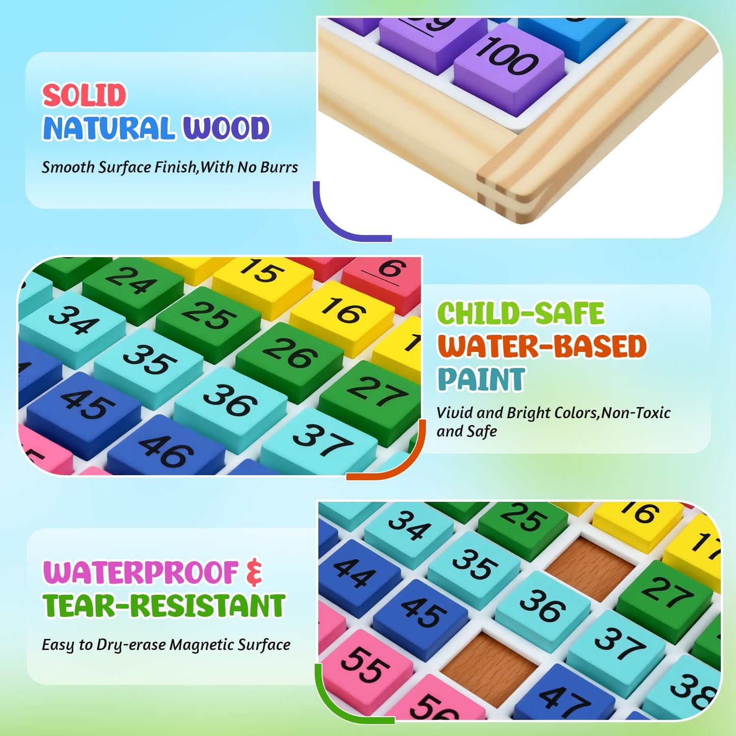 GAKICO Montessori Wooden Math Hundred Board: 1-100 Number Counting Board Game with Magnetic Number Tiles & 6 Pack Activity Cards, Preschool Learning Activities Math Games for Kids