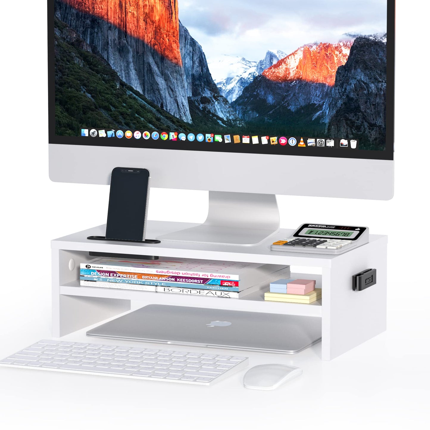 BONTEC Wooden Monitor Stand Riser for Desk, 2-Tier Computer Monitor Stand with Storage, 66 lbs Desk Shelf Organizer, Laptop & Printer Stand with Phone Holder and Cable Management, White, 16.5 Inch