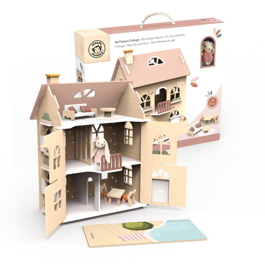 SPEEDY MONKEY Flowers Cottage Wooden Dollhouse with Starter Set | Pretend Play Doll House for Toddlers & Preschoolers | Fun Playhouse for Boys & Girls, Ideal for Imaginative Storytelling Playset