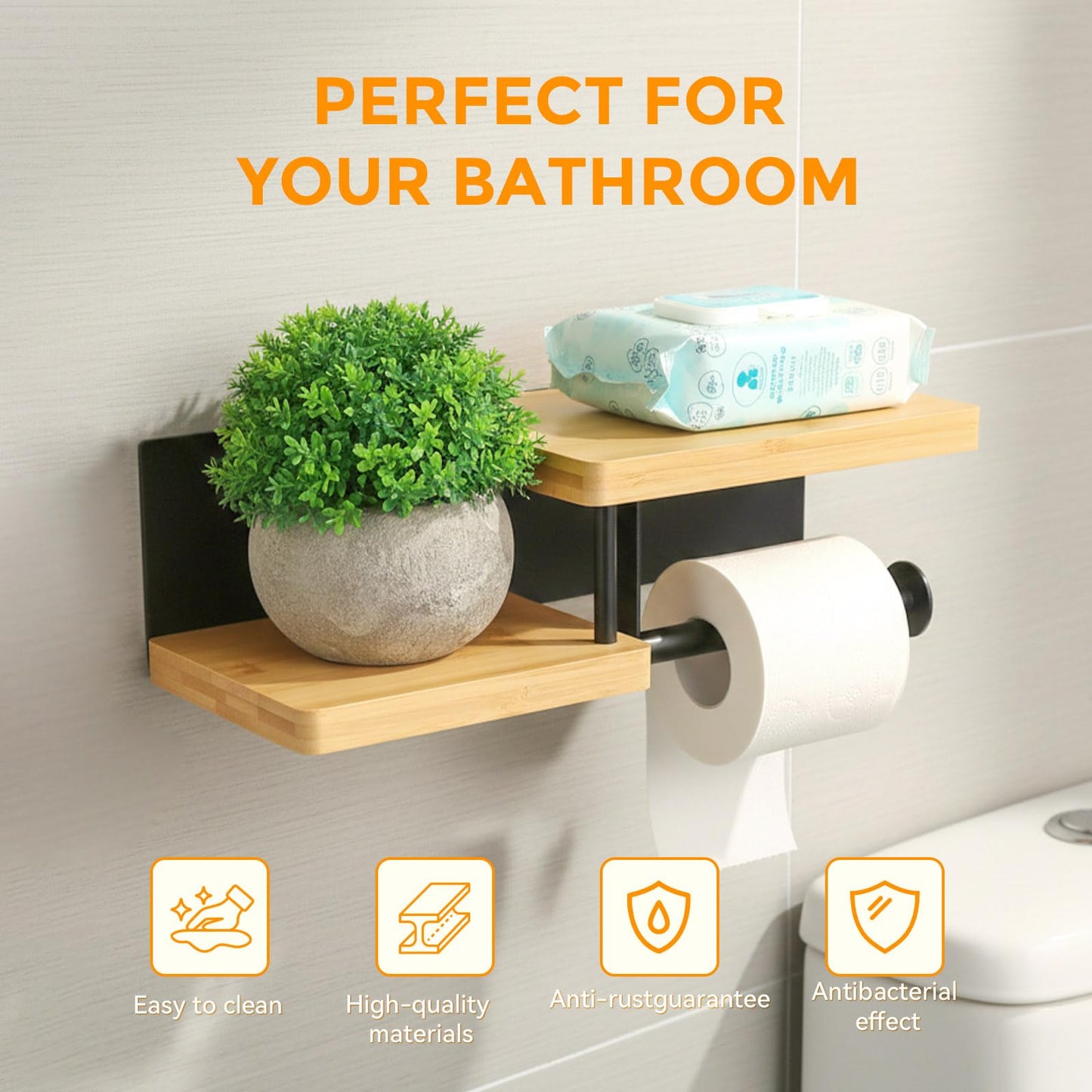 Toilet Paper Holder with Shelf, Wall Mount Toilet Paper Roll Holder with Wooden Shelf & Matte Black Stainless Steel Pipe, Bathroom Organizer for Roll Tissue, Phone, Wipes, Plant for Bathroom, Washroom