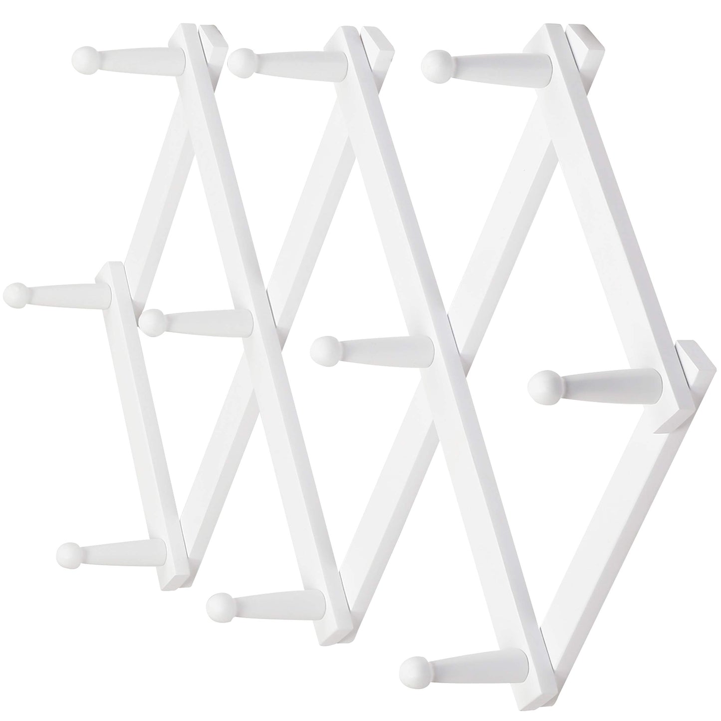Dseap Accordian Wall Hanger: 16” High Wooden Wall Expandable Coat Rack, Hat Rack Holder, Accordion Hook for Baseball Caps, Coats, Mugs, 10 Peg Hooks, White