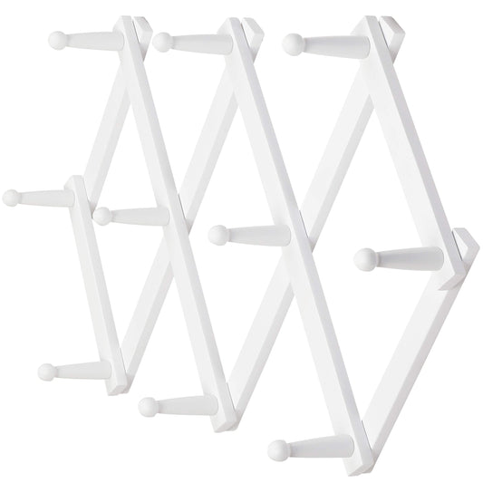 Dseap Accordian Wall Hanger: 16” High Wooden Wall Expandable Coat Rack, Hat Rack Holder, Accordion Hook for Baseball Caps, Coats, Mugs, 10 Peg Hooks, White