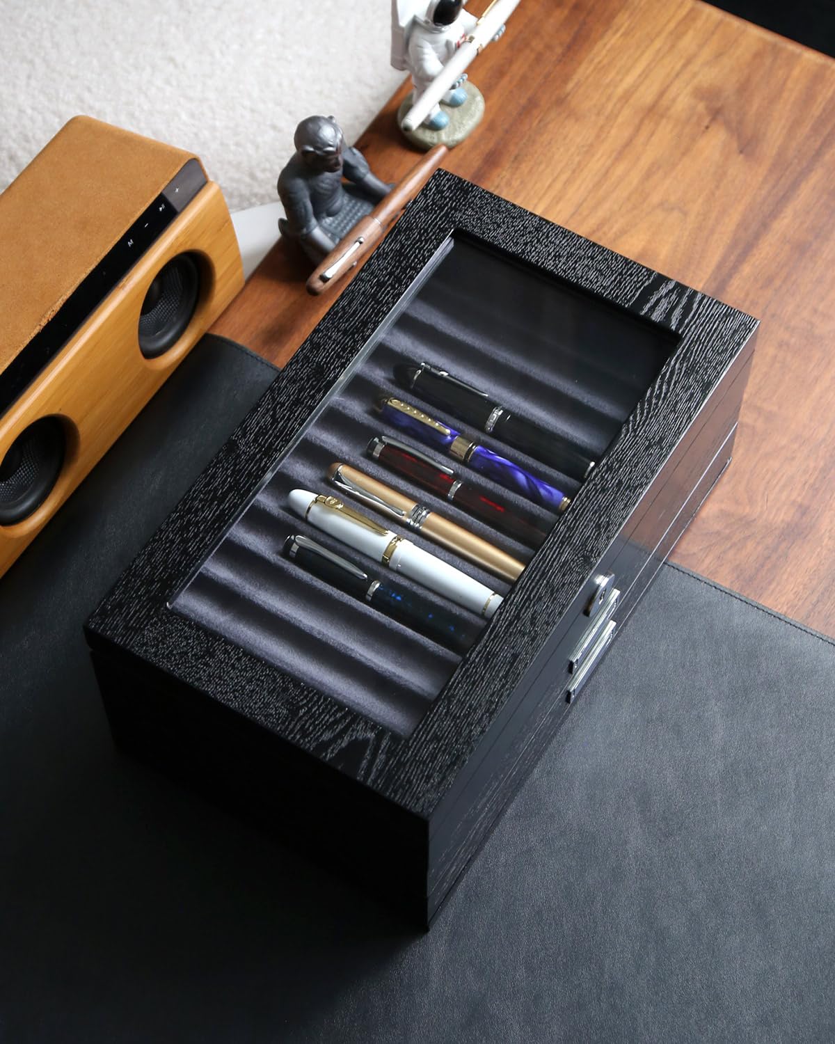 Besforu wood pen display case 36 slot Fountain pen Box storage Organizer with drawer, Top Glass Window Pen Collection Display Case