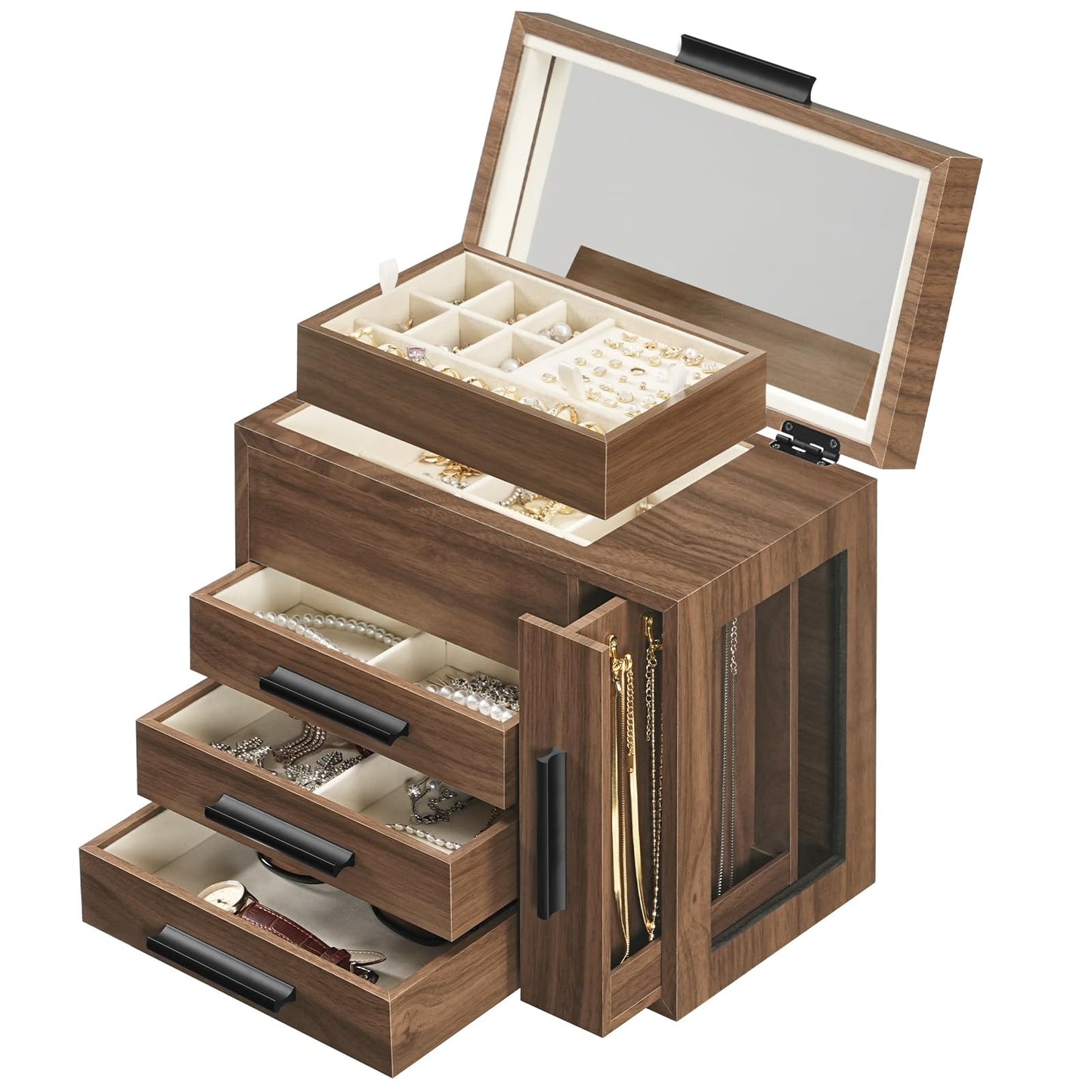 HOOBRO Jewelry Box with Mirror, Wooden Jewelry Organizer Box with Side Clear Acrylic Panel, Large Jewelry Case for Earrings, Necklaces, Rings, Watches, Walnut BH22JB04