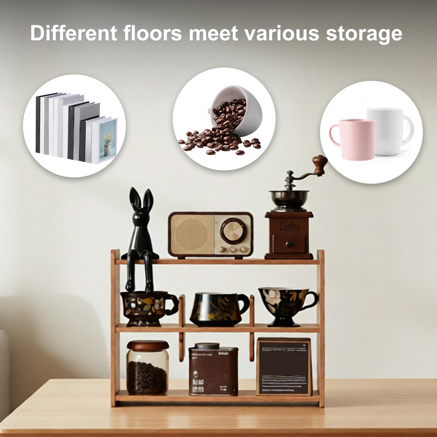 KAOTGOT Coffee Cup Holder for Countertop Walnut Wood Coffee Mugs Holder for Kitchen Mug Display Rack (3-Tier wood B)