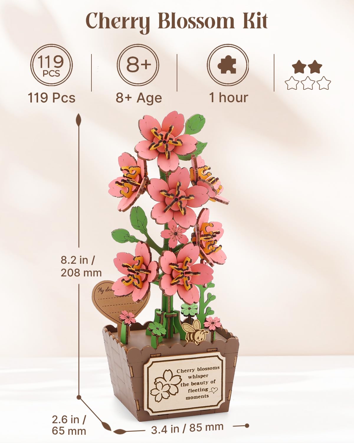 KAAYEE 3D Puzzles for Adults Cherry Blossom Potted, 119 Pcs Wooden Puzzle DIY Handcraft Kit, Romantic Pink Flower Home Office Decor, Gift for Lovers Couples on Anniversary Birthday Valentine's Day