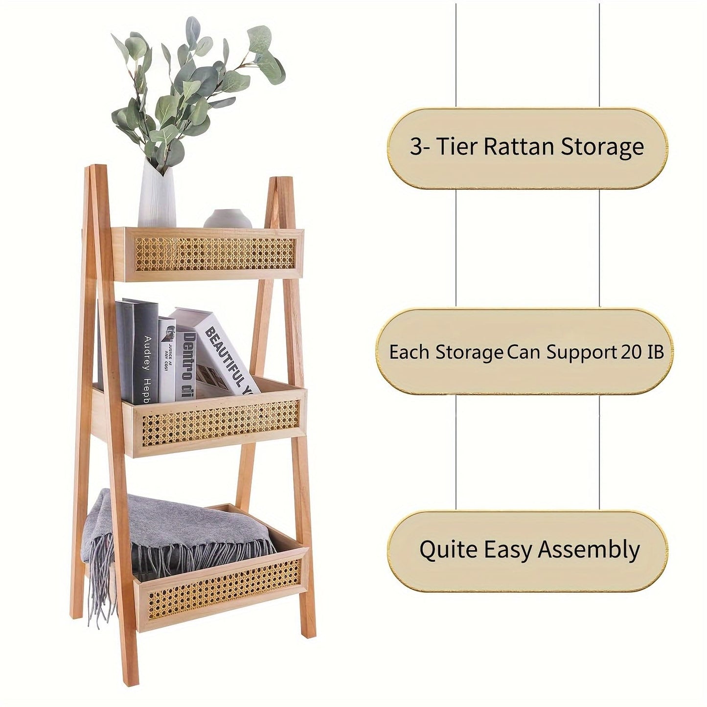 Free Standing Bookcase, Blanket Ladder, Ladder Bookshelf, 3-Tier Rattan Bookshelf, Wood Organizer Storage Shelves for Living Room Bedroom Kitchen Bathroom Balcony and Home Office