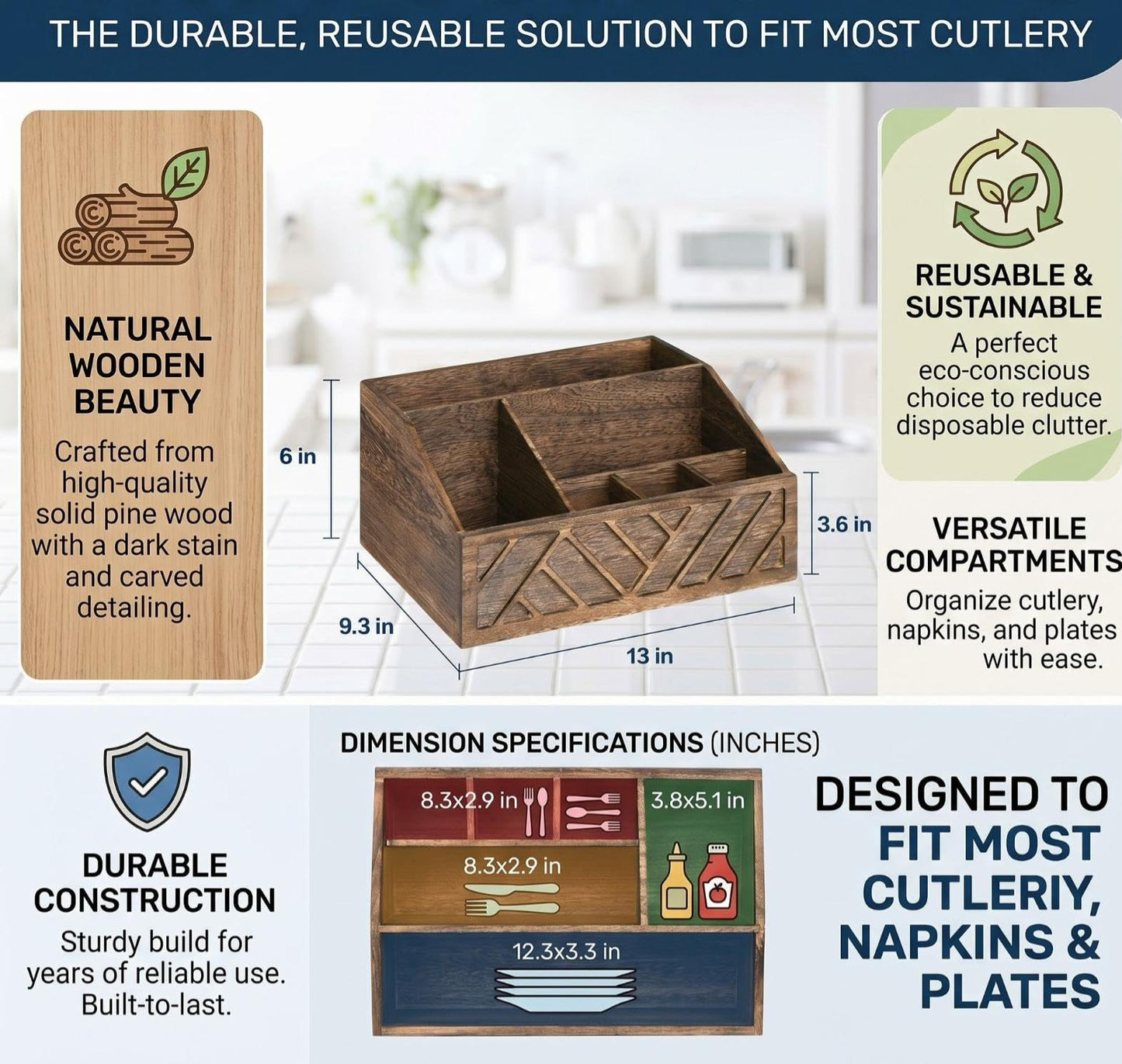 Mystery Magic Wooden Paper Plate & Cutlery Organizer Kitchen Countertop Hold Plates, Cups, Napkins, Forks & Spoons Farmhouse Rustic Tableware Organizer